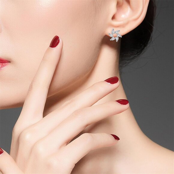 Elegant Flower Stud Earrings for Women with Sparkling Cubic Zirconia in Brass, P - Picture 2 of 9